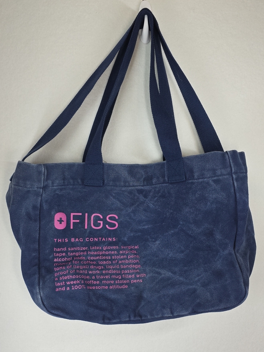 Figs Washed Out Blue 100% Cotton Canvas Tote with Pink Logo